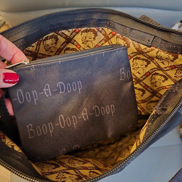 Betty Boop Black Tote Bag with Pouch & Zipper Retro Cartoon Print Lining C cicip - Picture 4 of 7